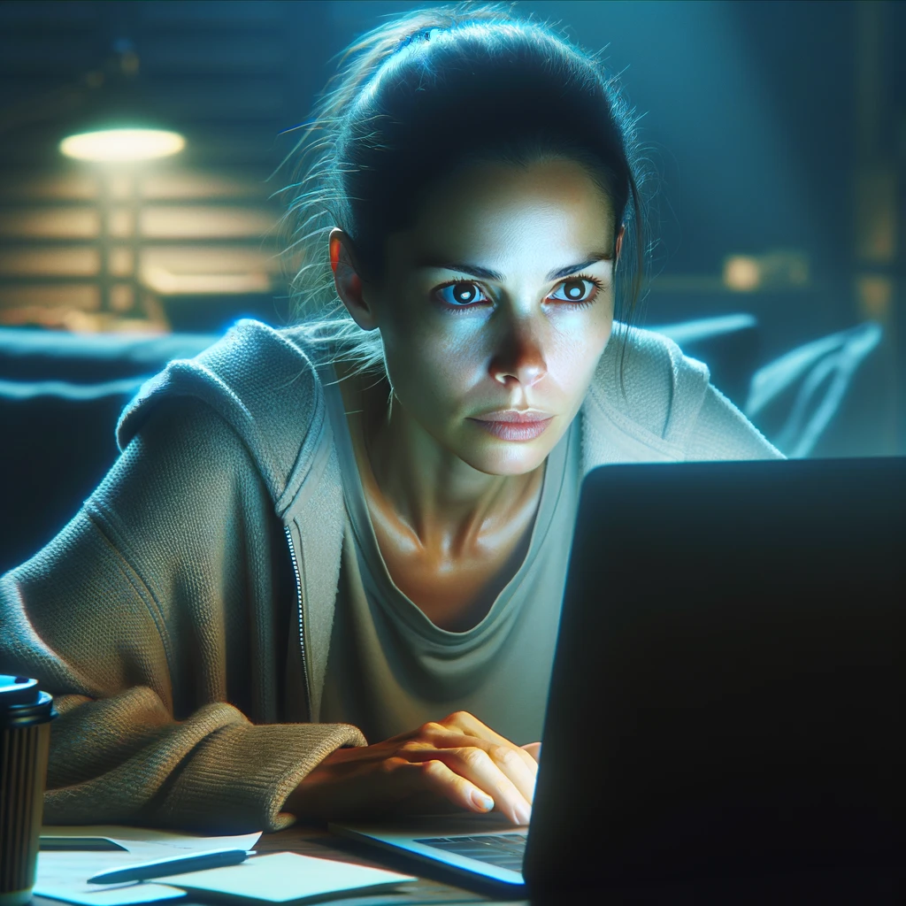 Mulher com expressão preocupada buscando email perdido em seu computador.
