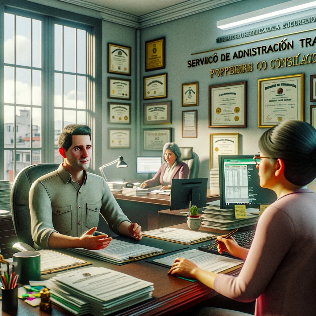 Imagem de um cidadão mexicano usando um computador no Servicio de Administración Tributaria (SAT) para consultar o imposto predial.