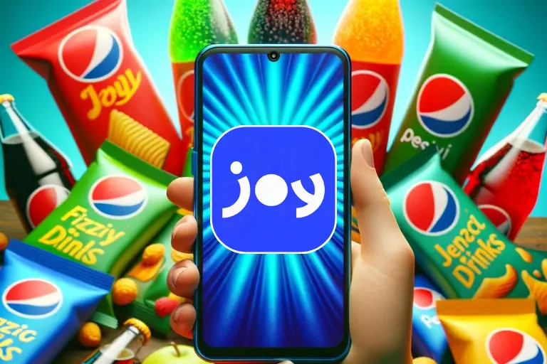Pessoa segurando smartphone com app Joy da PepsiCo na tela, cercada por bebidas gaseificadas e salgadinhos em ambiente festivo