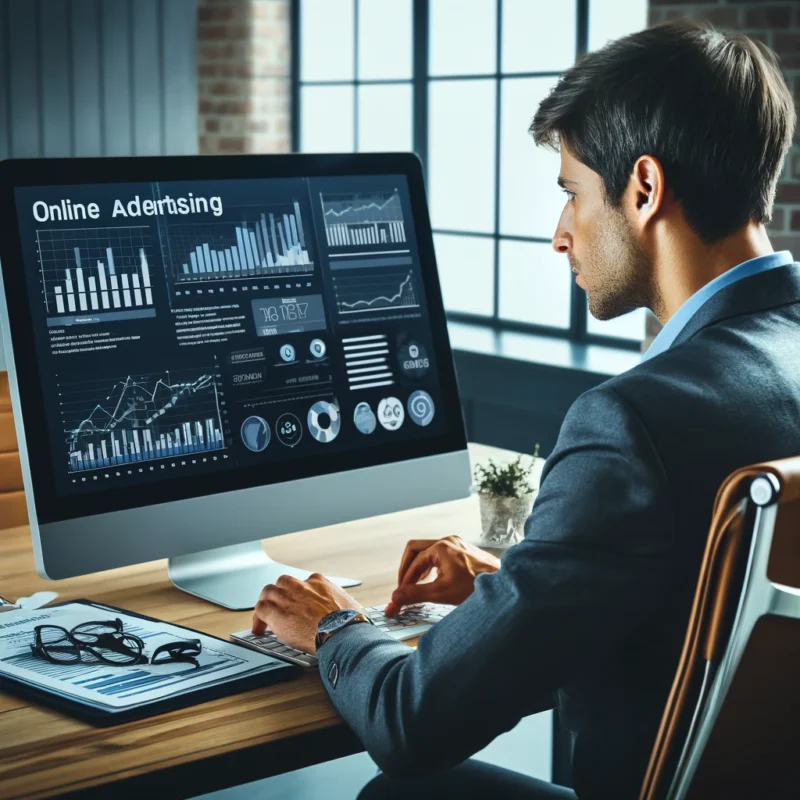 Profissional analisando dados de marketing digital em um computador em um escritório moderno.