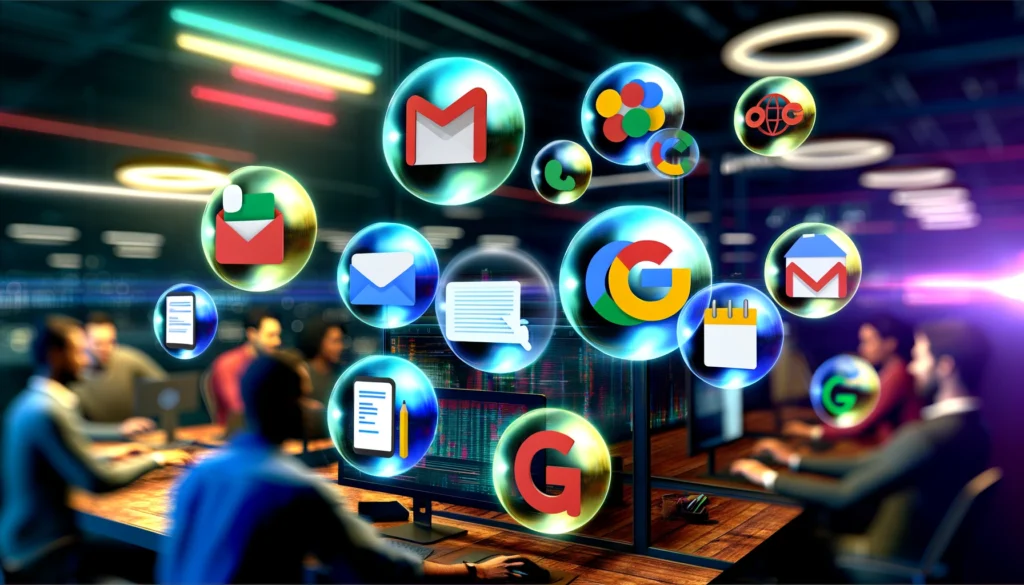 Equipe diversificada trabalhando juntos usando Google Workspace, com ícones de Gmail, Drive, Docs flutuando acima do computador.